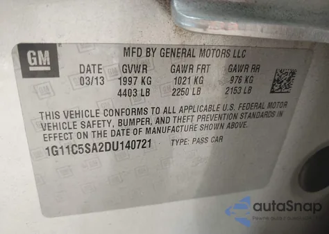 2013 Chevrolet Malibu 1Lt z USA, uszkodzony, nr VIN 1G11C5SA2DU140721